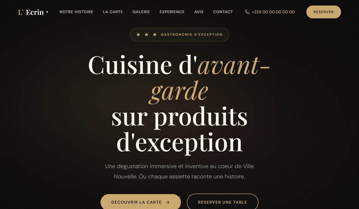 Page d'accueil du site de démonstration L'Écrin : cuisine d'avant-garde