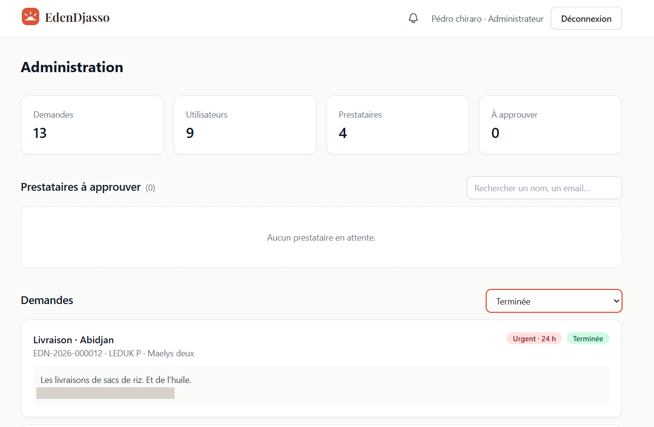 Back-office administrateur : validation des prestataires et supervision des demandes.