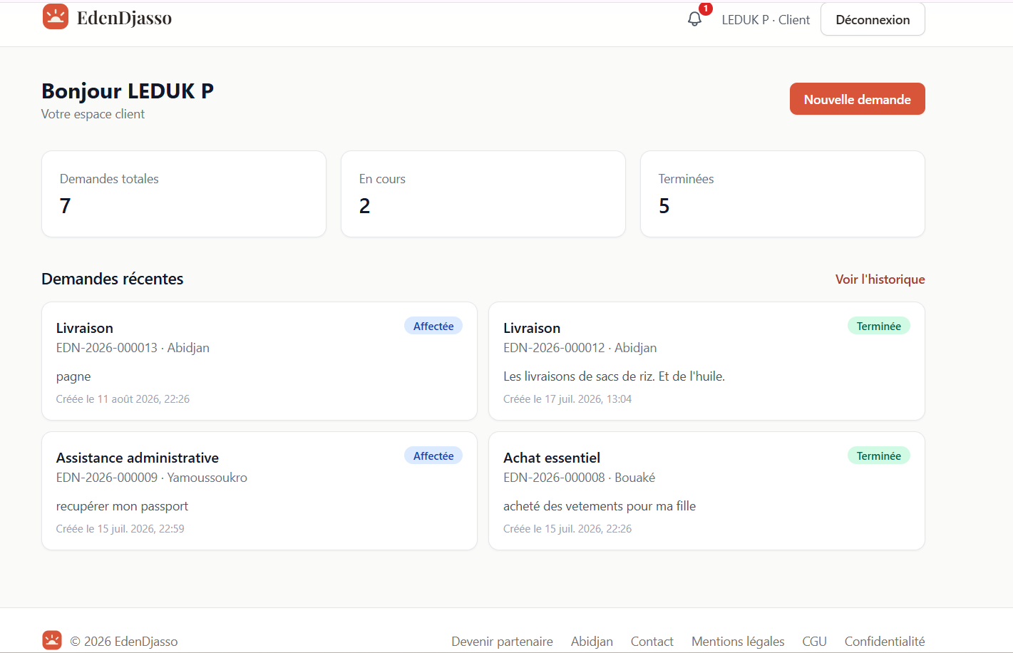 Espace client EdenDjasso : demandes totales, en cours et terminées.